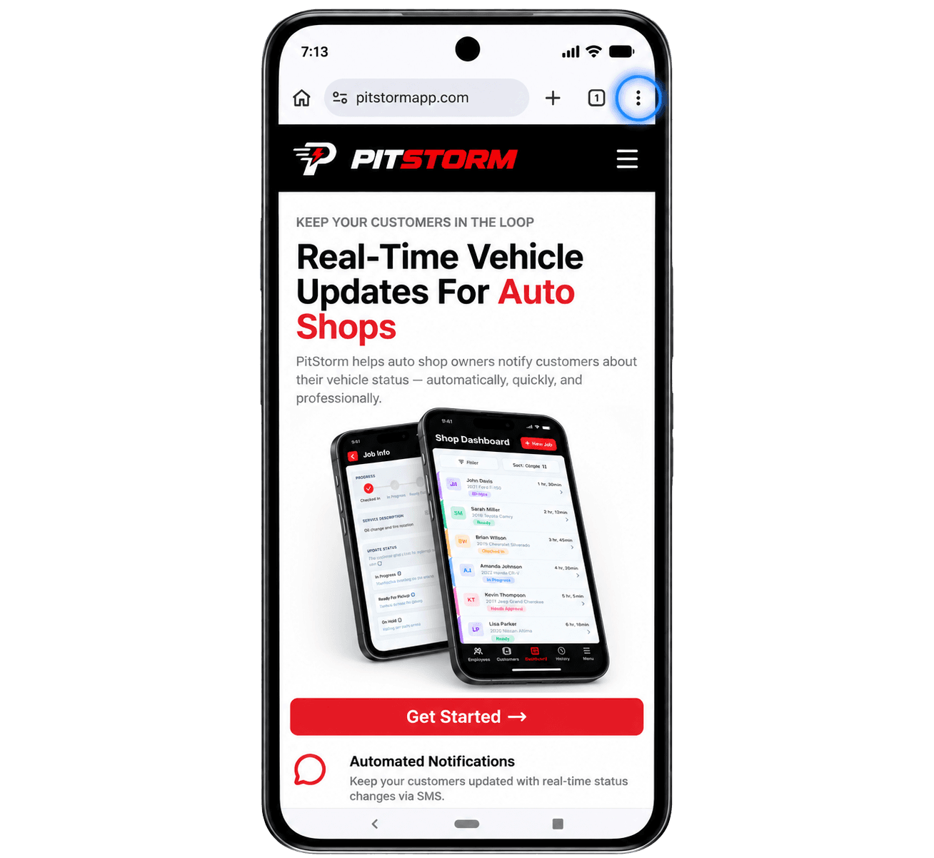 Step 1: Open PitStorm in Chrome and tap the ⋮ menu in the top right.