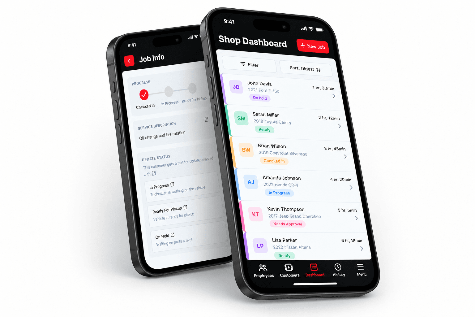 PitStorm shop dashboard and job info screens on two phones