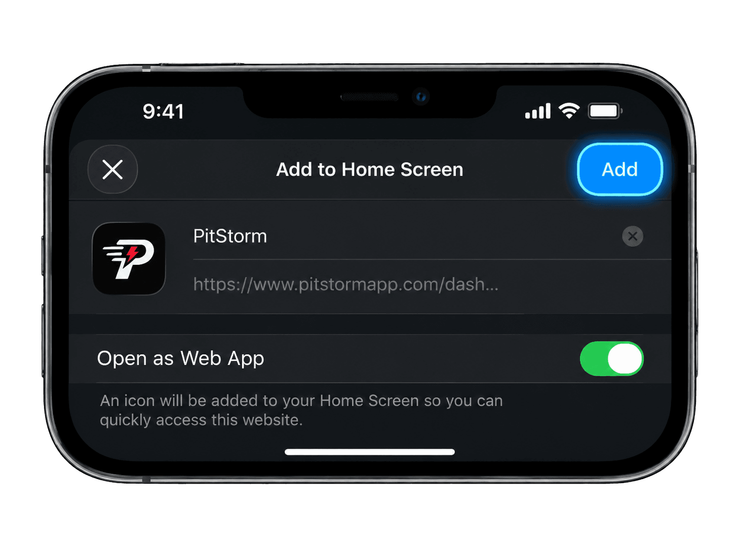 Step 4: Make sure "Open as Web App" is on, then tap "Add".